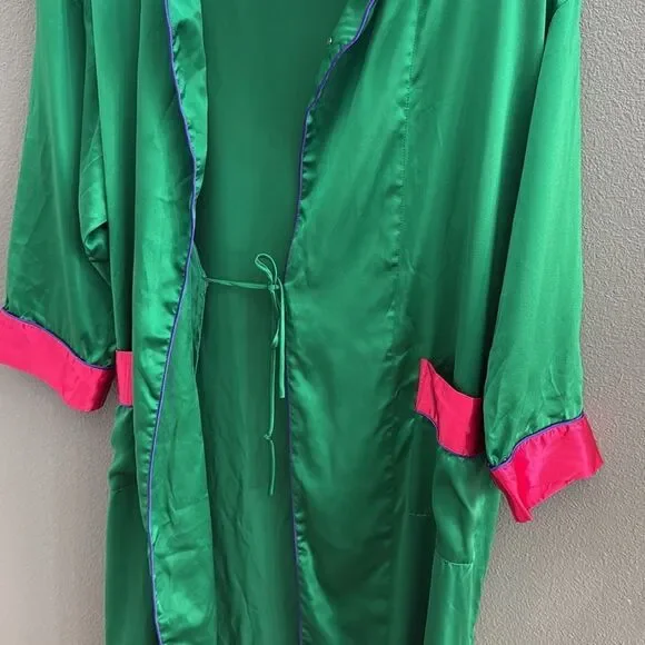 Victoria's Gold Label Vintage Secret Satin Green/Pink Kimono Style Robe Sz Small - Picture 2 of 9